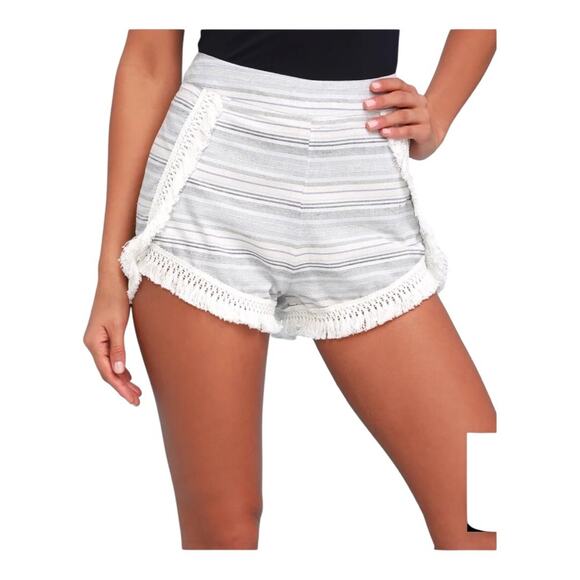 lulus Savvy Blue and White Striped White Fringe Along Sides Hem Shorts Medium - Picture 1 of 11